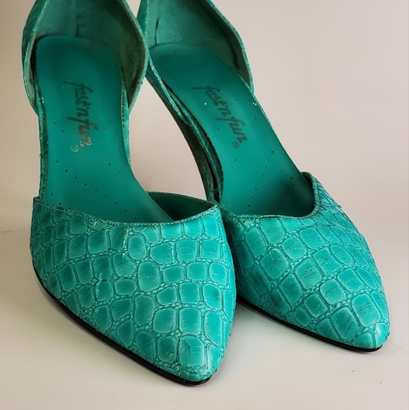 Vintage Bright Turquoise 80s Glam Faux Snakeskin Pumps - Picture 9 of 12